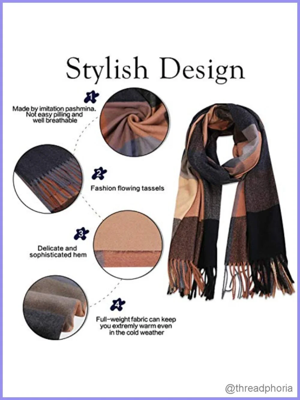 Ultra-Soft Faux Cashmere Oversized Scarf Shawl Wrap for Women - Classic Plaid